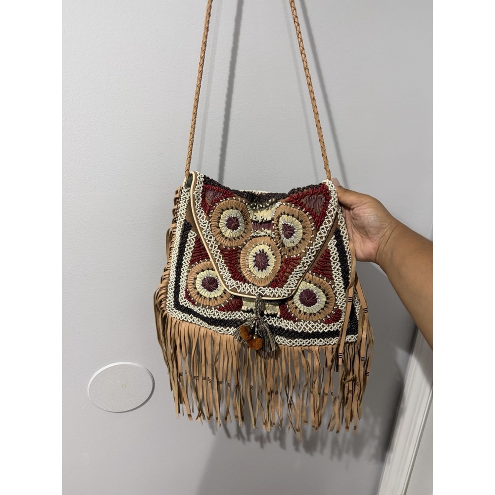 ibBan Anthropologie Beaded Boho Hobo Tote Shoulder Fringe Western Bag P